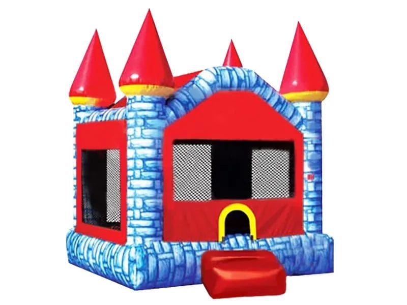 Red and blue castle-themed bouncy castle with turrets, mesh sides, and front entrance step. Perfect for kids' parties. Buy online in Canada now!