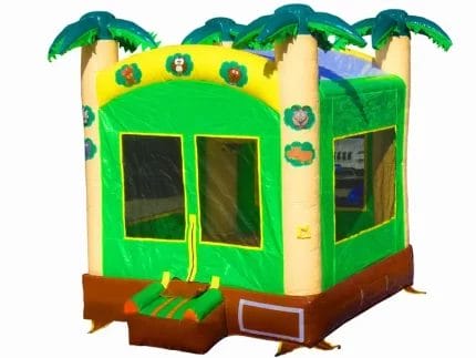 Grey and green castle-themed bouncy castle with pointed turrets, mesh sides, and a small entry ramp. Perfect for kids' events. Buy online in Canada.