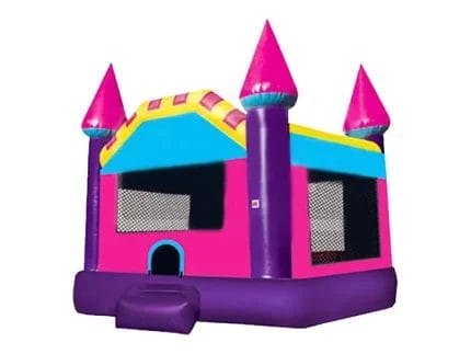 Vibrant pink and purple bouncy castle with turrets, mesh sides, and step entrance. Perfect for kids' parties. Buy online in Canada today!