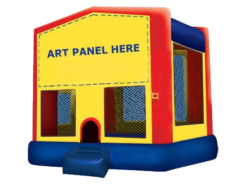 Yellow and red bouncy castle with customizable art panel, mesh sides, and step entrance. Ideal for events. Buy online in Canada now!