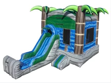 Tropical-themed bouncy castle with slide, palm tree design, and vibrant blue and green colors. Perfect for outdoor events. Buy online in Canada!