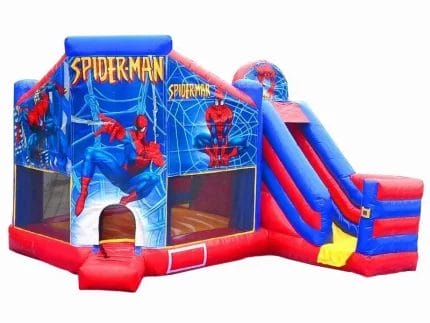 Spider-Man-themed bouncy castle with vibrant design, slide, and mesh sides. Perfect for superhero parties. Buy online in Canada today!