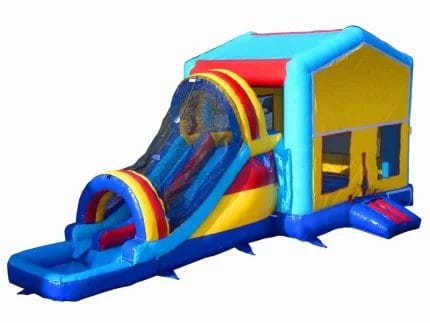 Colorful bouncy castle with water slide, tunnel entrance, and mesh sides. Perfect for summer events. Buy online in Canada today!
