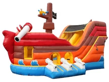 Pirate ship-themed inflatable with slide, cannons, and vibrant design. Perfect for adventure-filled parties. Buy online in Canada today!