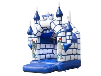 Blue and white inflatable castle bouncer with knight graphics, perfect for medieval-themed kids' parties. Buy online in Canada for endless fun!