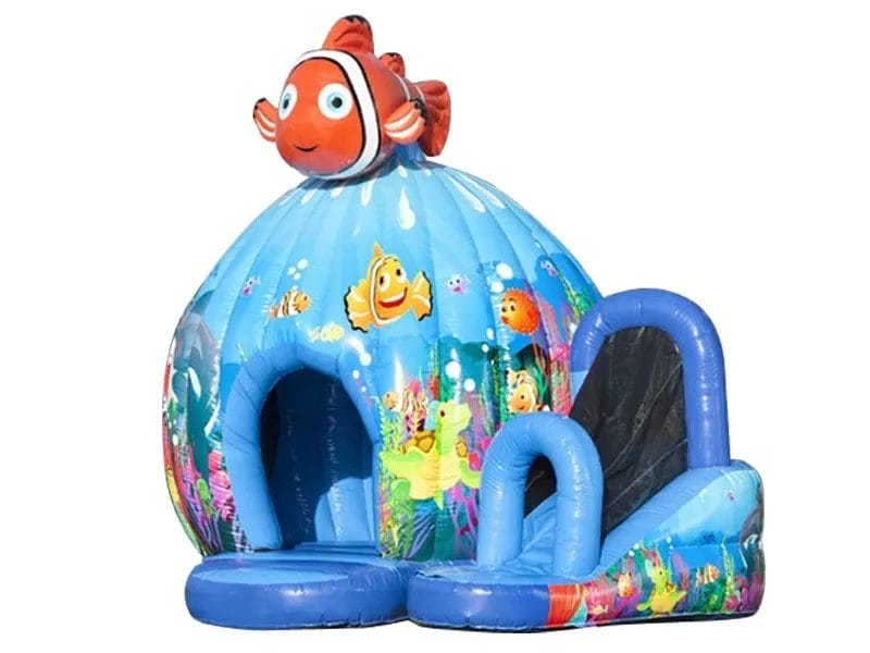 Underwater-themed bouncy castle with a Nemo-style dome and slide, perfect for kids' parties. Buy this inflatable online in Canada today!