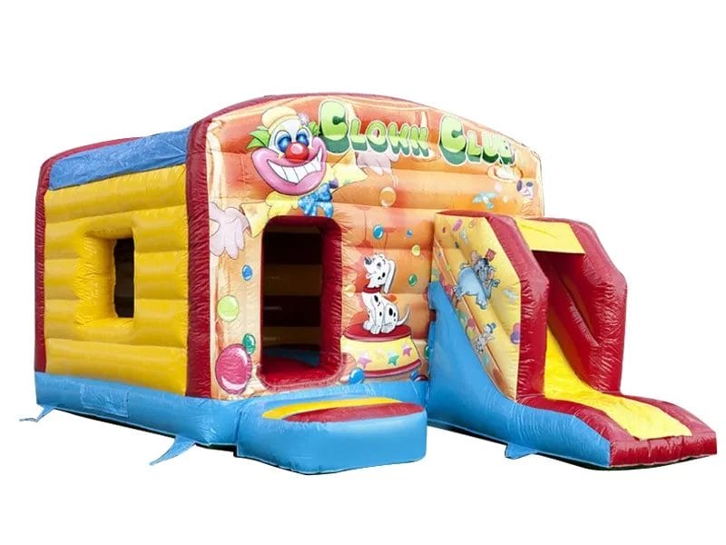 Clown-themed inflatable bouncy castle with attached slide, colorful design, and fun circus graphics. Perfect for parties. Buy online in Canada now!