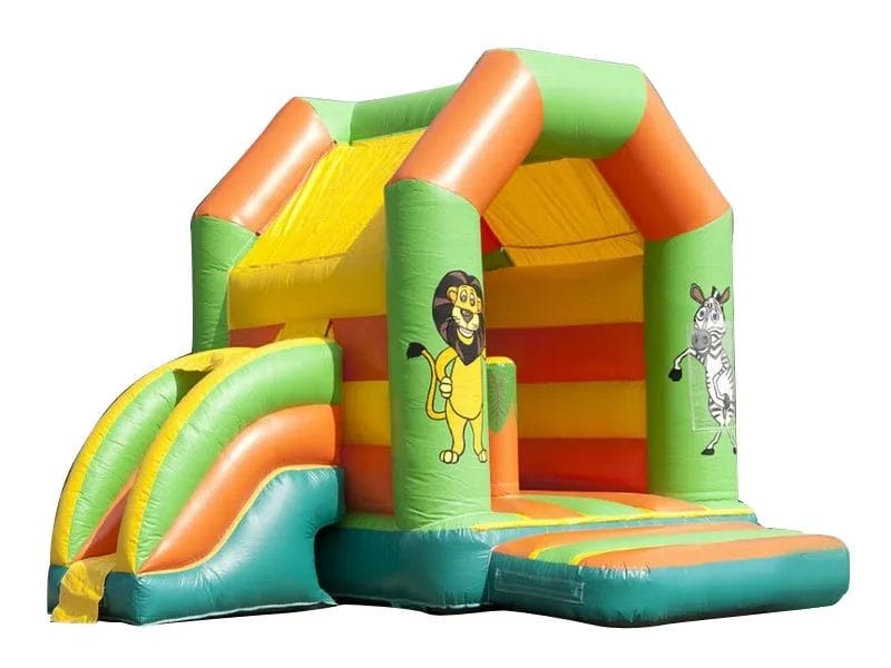 Animal-themed inflatable bouncy castle with slide, featuring vibrant lion and zebra designs. Perfect for kids' parties. Buy online in Canada today!