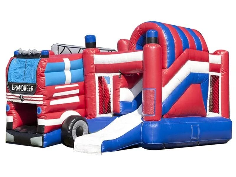 Fire truck-themed inflatable bouncy castle with slide and climbing area. Perfect for kids' parties and events. Buy online in Canada today!